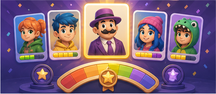 A colorful roster-style illustration showing cartoon character cards and score elements.