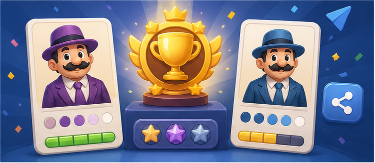A cartoon character color quiz result scene with comparison cards, a trophy, and share controls.