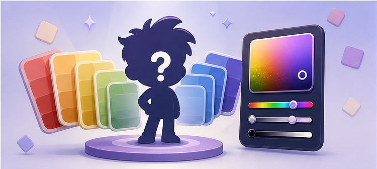 A cartoon color guessing game scene with a mystery character, color swatches, and color sliders.