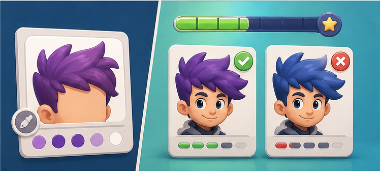 A cartoon color result comparison showing a correct color card and a missed color card.