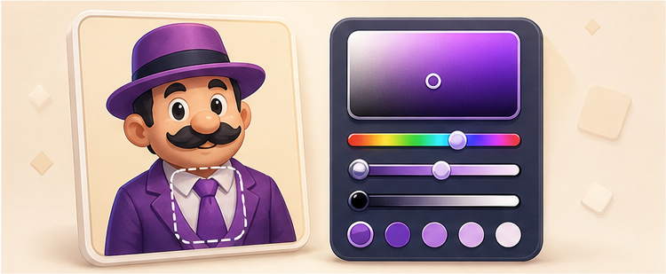 A character color guessing game scene with a highlighted character part and color sliders.