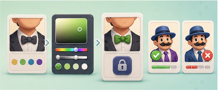 A sequence showing prompt, color tuning, lock action, and result comparison for a character color game.