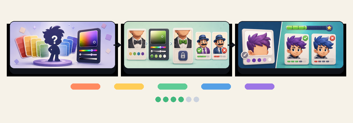 A visual guide showing Toon Tone gameplay from color prompt to color tuning and result comparison.